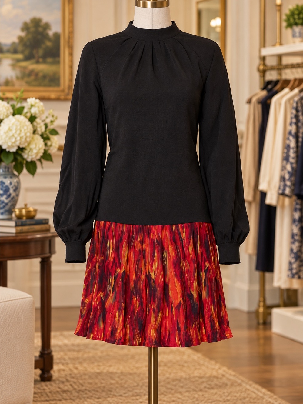 Marcell Von Berlin Black Top with Red Multi-Color Pleated Skirt Women's Dress M